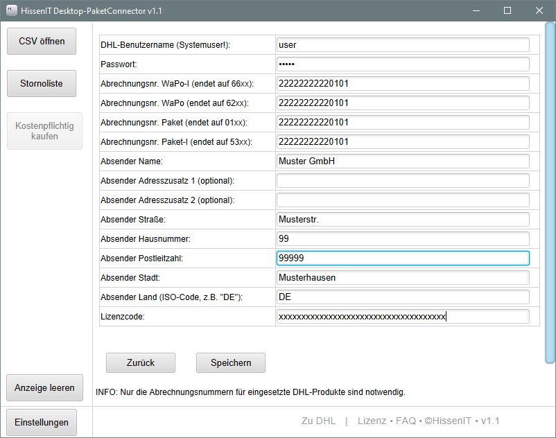 DHL CSV-Upload - Einstellungen