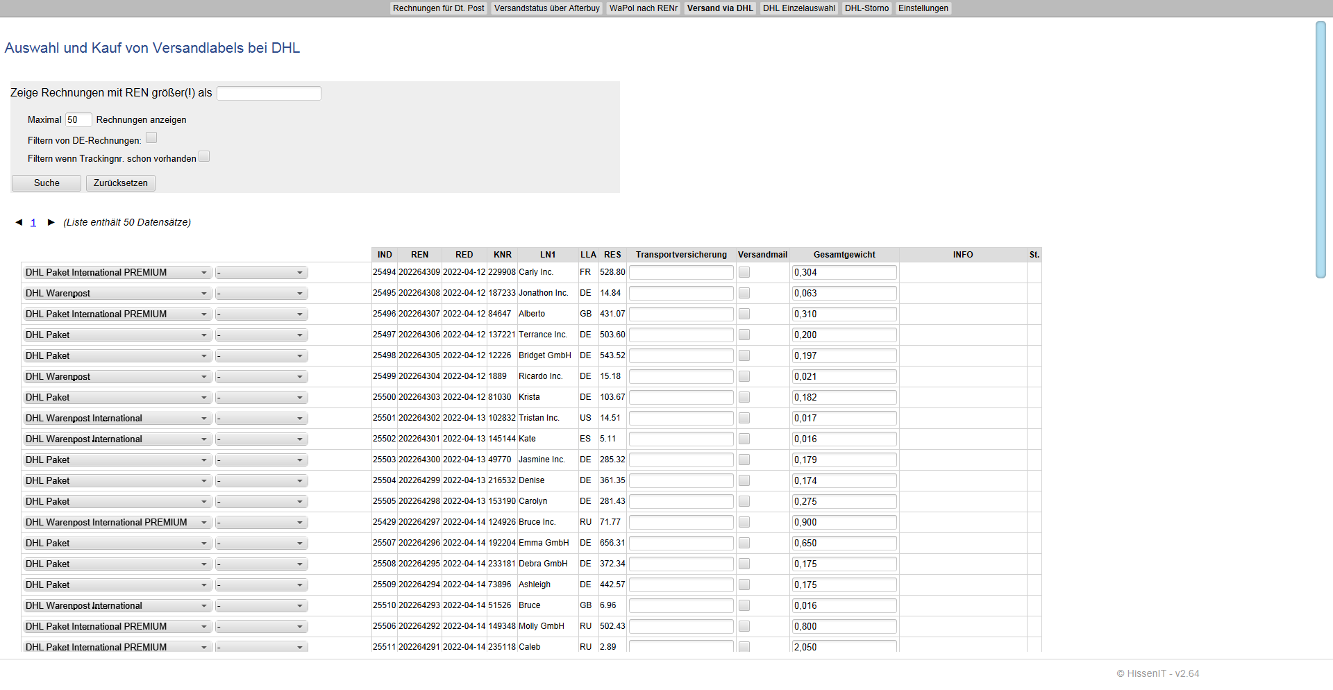 ERP - Overview orders for DHL PDF labels international