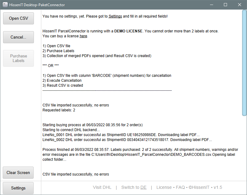 HissenIT DHL ParcelConnector using CSV File