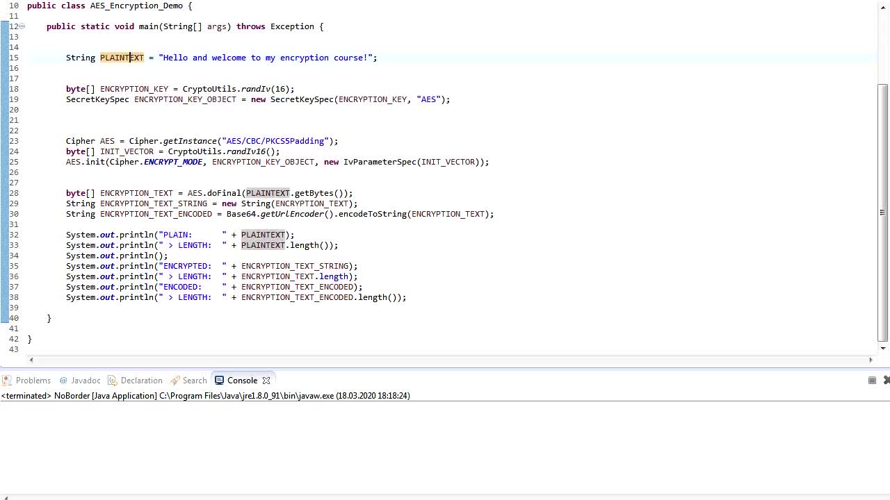 Java program demonstration: Plaintext to AES encryption text