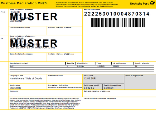 DHL Parcel International - Customs Declaration CN23 - Format DINA4 Demo Harmonised Label Customs
