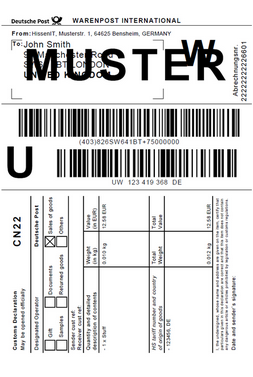 DHL Warenpost International - Demo Label Customs CN22 - Format 910-300-400 Demo Harmonised Label Parcel shipping